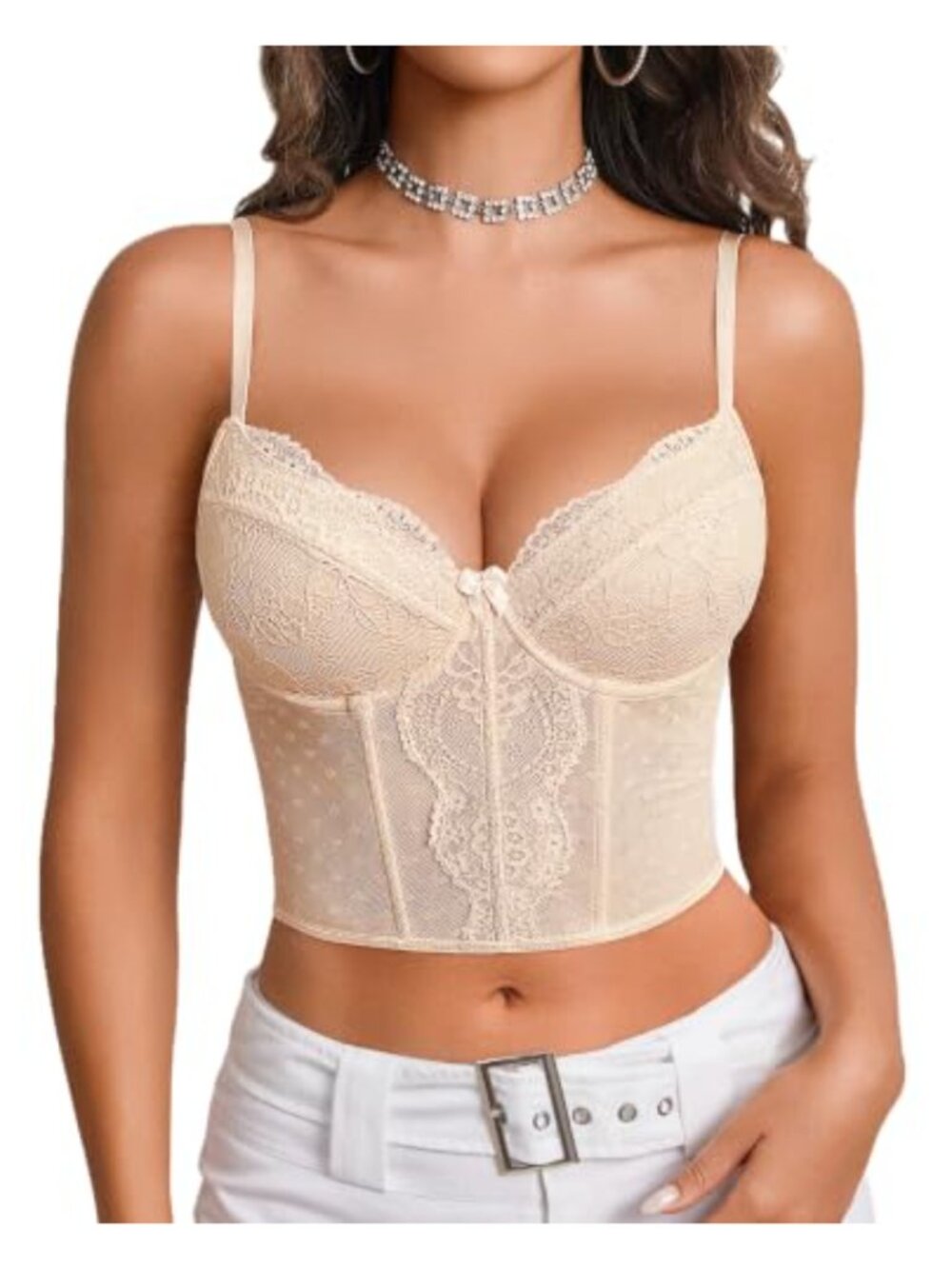 Lace V Neck Bustier Corset Top Cami Adjustable Straps Hook Eye Summer